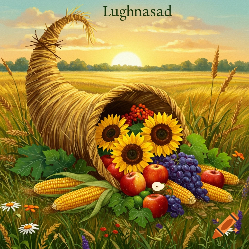 A cornucopia overflowing with sunflowers, corn, apples, grapes, and berries in a golden field at sunset. 'Lughnasad' text.