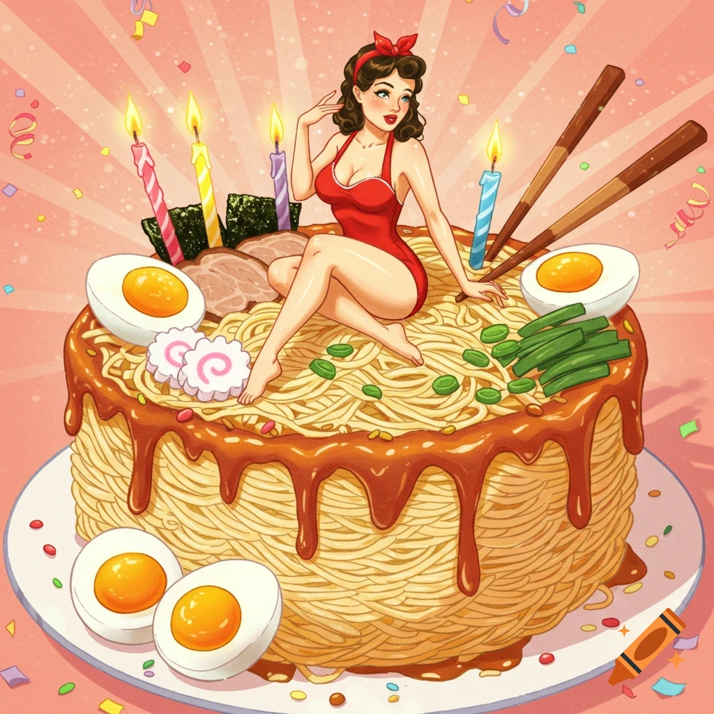 Retro pin-up woman in a red swimsuit sits on a ramen noodle birthday cake with candles, eggs, and confetti in a colorful cartoon style.