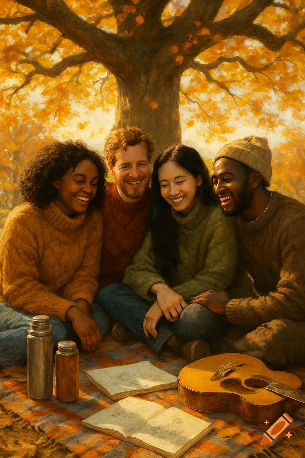 Four diverse friends happily huddle together for a fall picnic under a tree with golden leaves, with books and a guitar on a blanket.