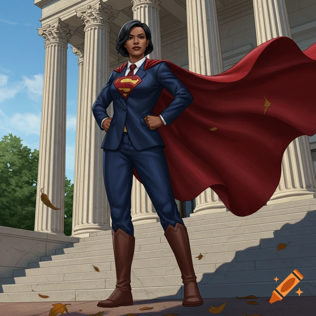 An illustrated superhero woman in a blue suit, red cape, and Superman symbol stands on steps in front of a classical building with columns.