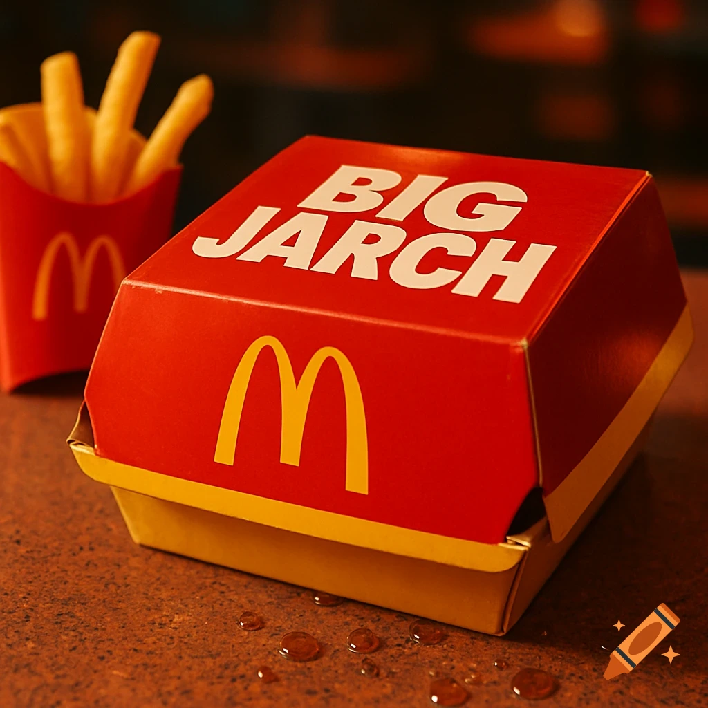 A McDonald's burger box labeled "BIG JARCH" and a cup of fries on a table, photorealistic.