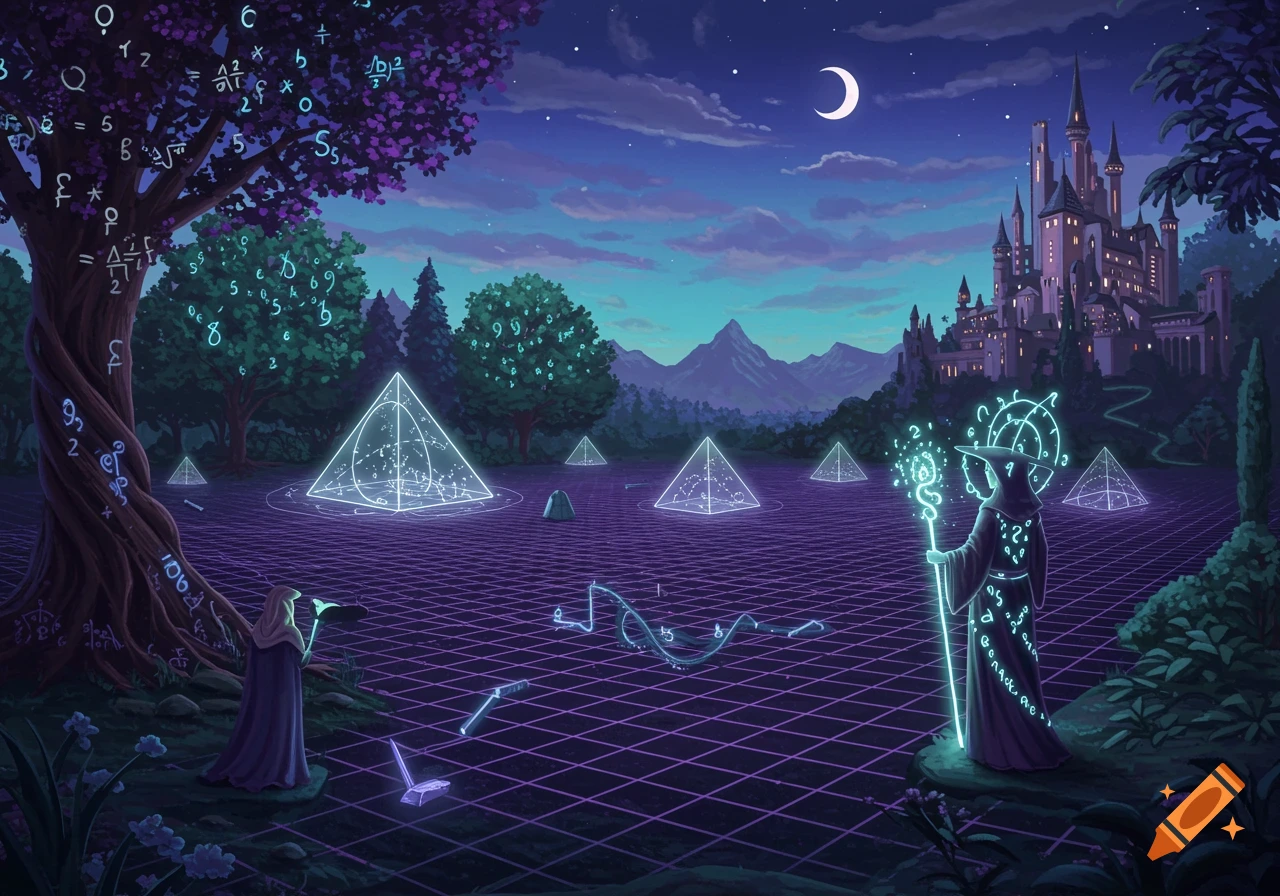 A mystical night landscape with a glowing purple grid, luminous pyramids, robed mages, a dark castle, and floating math symbols.
