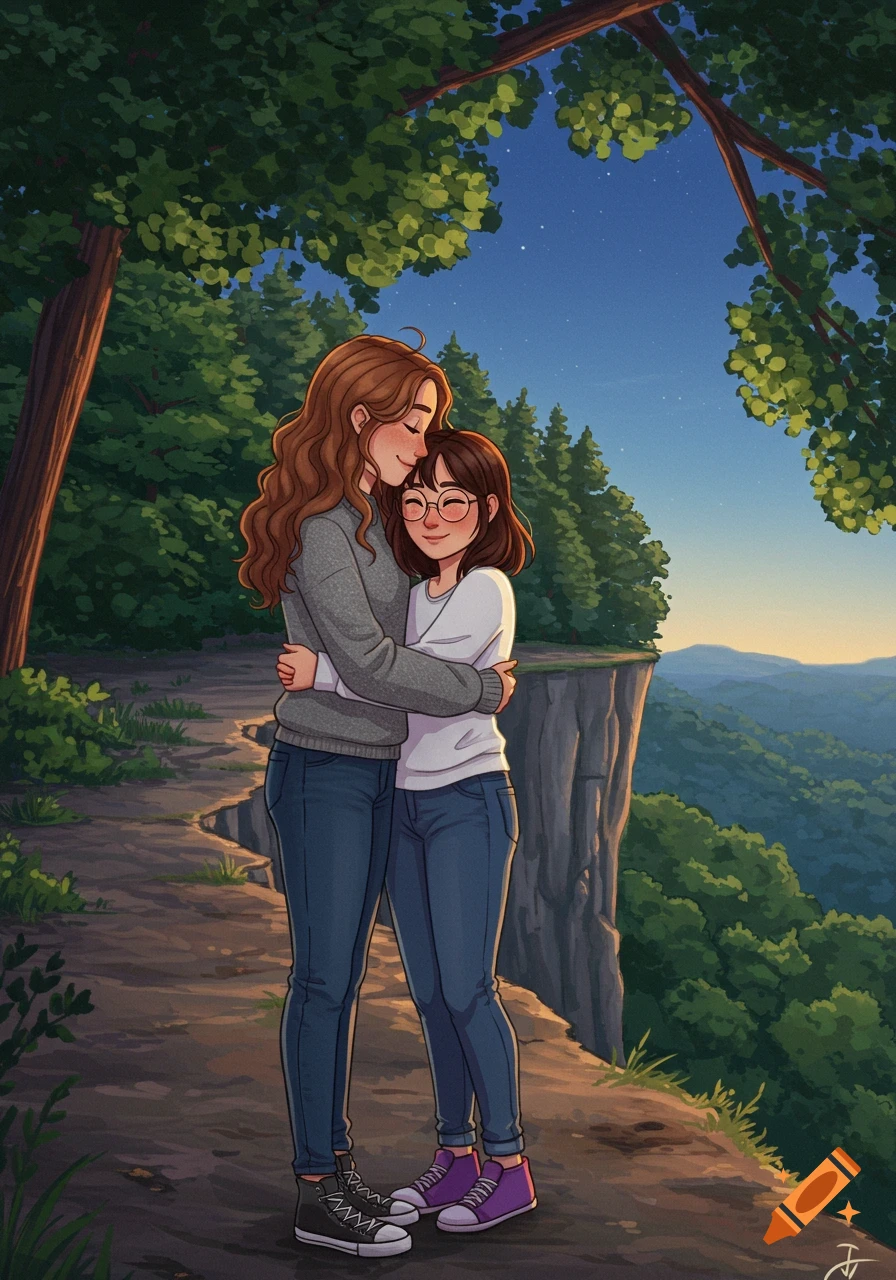 Two young women, one with long wavy hair and one with short hair and glasses, lovingly hug by a cliff overlooking a forest, in an illustration.