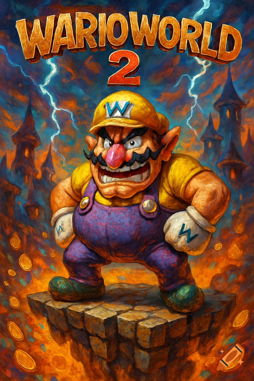 Wario stands angrily on a stone platform, fists clenched, under a stormy sky with lightning and castles. 'WARIOWORLD 2' text.