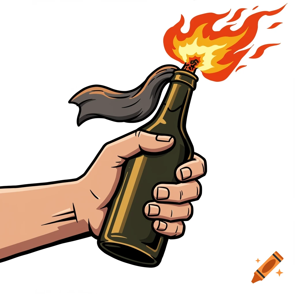 A cartoon illustration of a hand holding a flaming, tilted molotov cocktail against a white background.