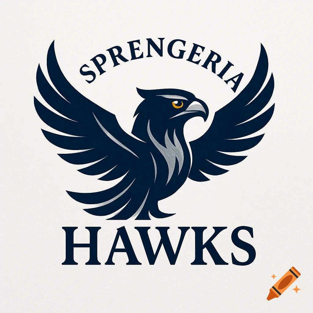 Dark blue hawk logo with spread wings and orange eye, with text 'SPRENGERIA' curved above and 'HAWKS' below on a light background.