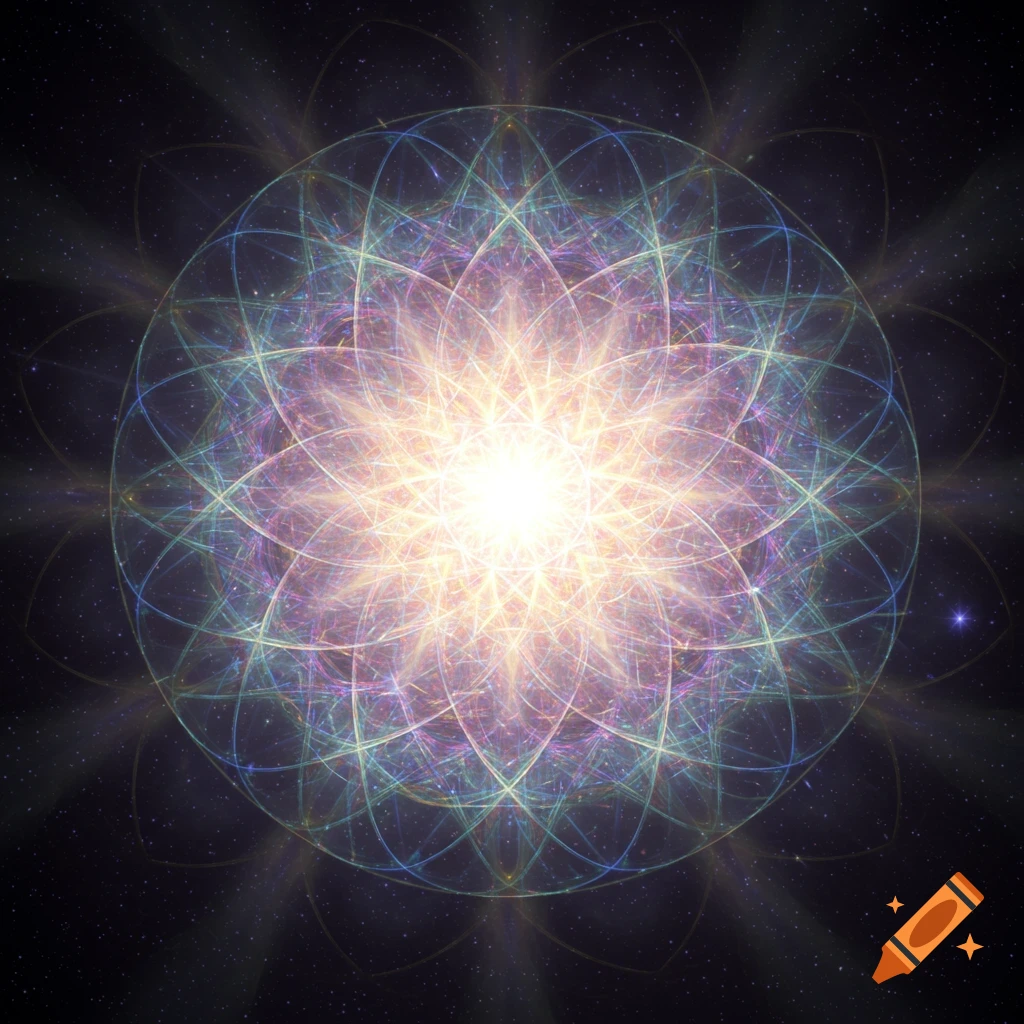 A vibrant, glowing symmetrical geometric pattern resembling a cosmic mandala or starburst against a dark, starry background.