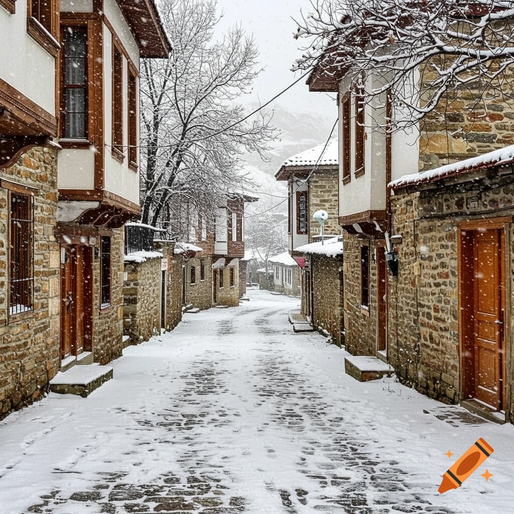 Snow-covered cobblestone street winding through an old town with traditional stone and timber-framed buildings during a snowfall.