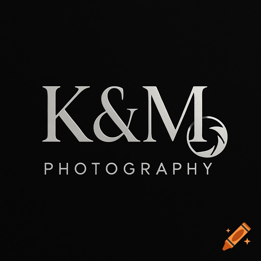 Silver 'K&M PHOTOGRAPHY' logo with a camera lens graphic, on a black background.