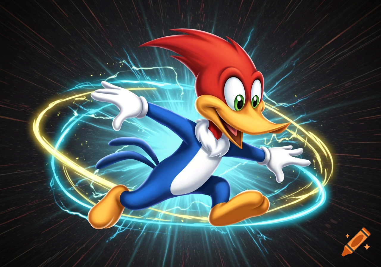 Woody Woodpecker in a dynamic pose, surrounded by blue and yellow energy rings on a dark, streaked background.