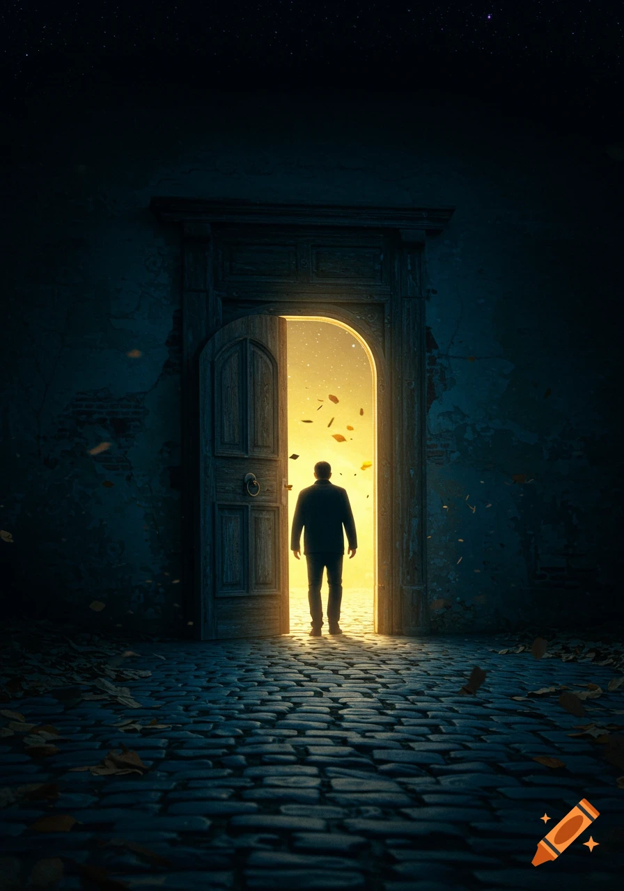A silhouetted person walks through a glowing, arched doorway from a dark, cobblestone path scattered with leaves, into a bright, starry realm.