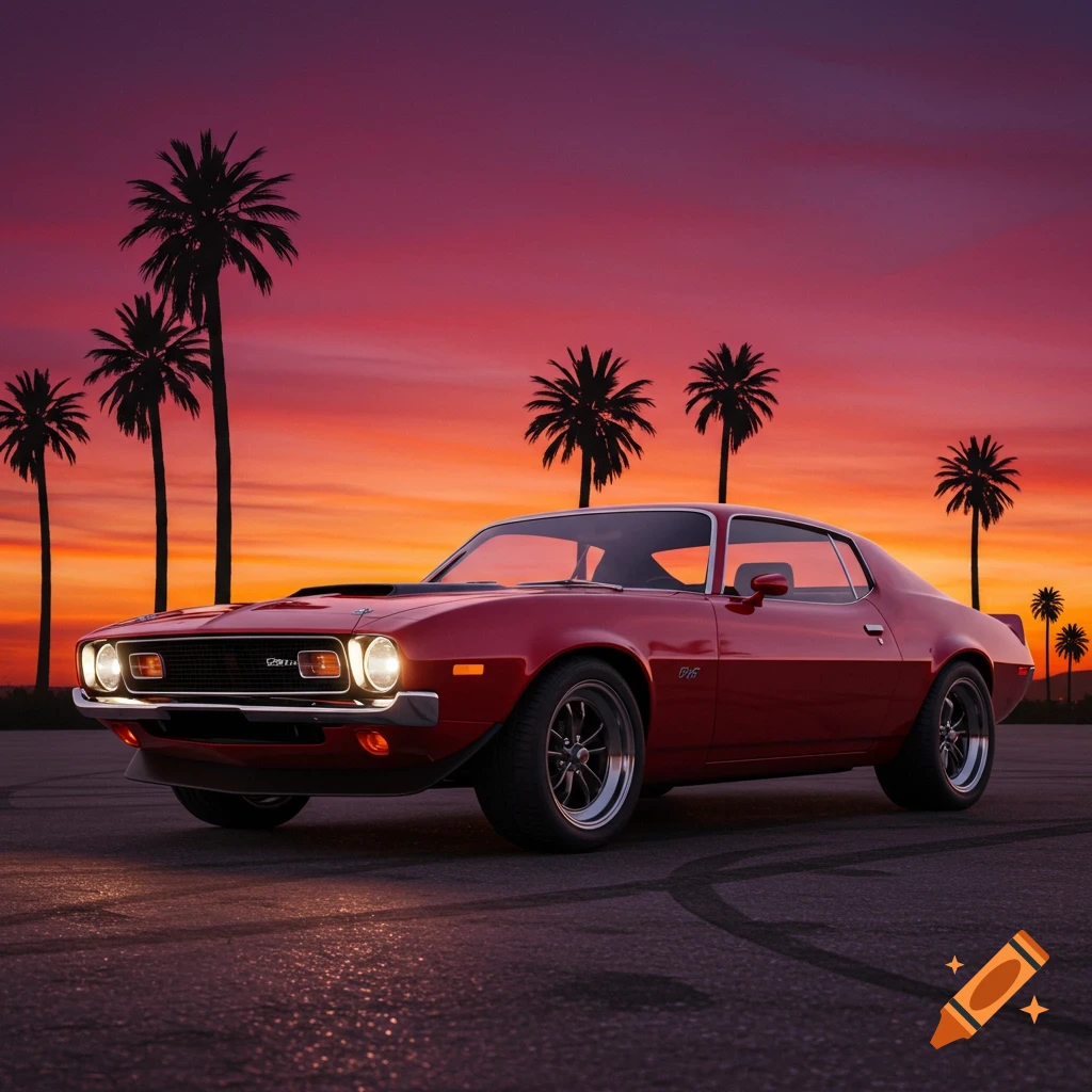 A red muscle car parked on asphalt under a vibrant orange and purple sunset with silhouetted palm trees.