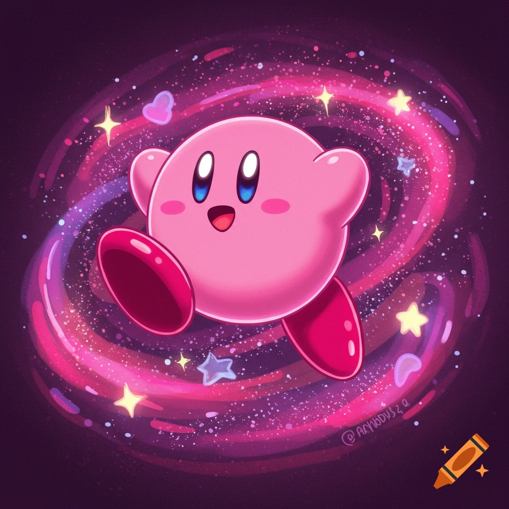 Pink spherical Kirby with blue eyes running through a vibrant pink and purple cosmic galaxy with stars.