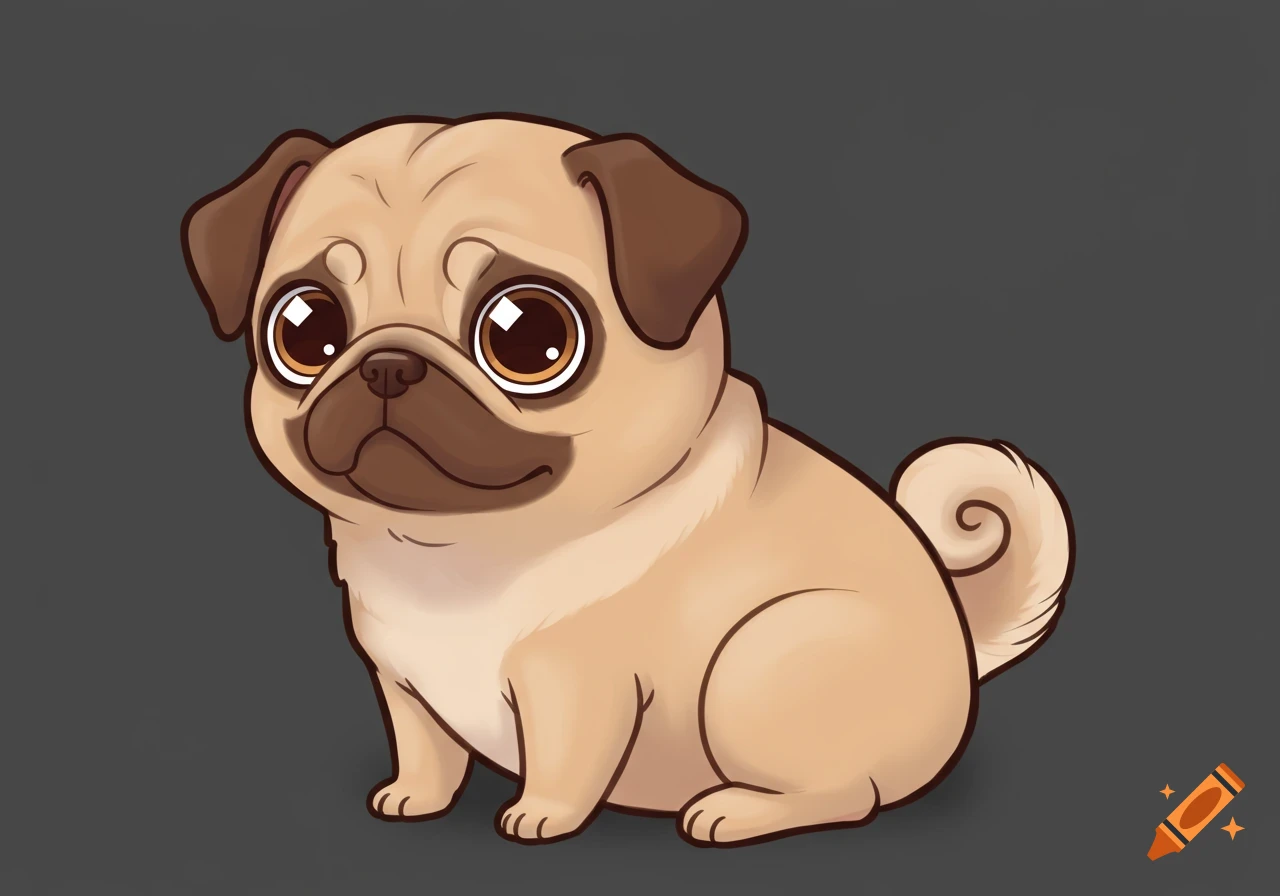 A cute cartoon pug dog with big eyes sits on a dark gray background.