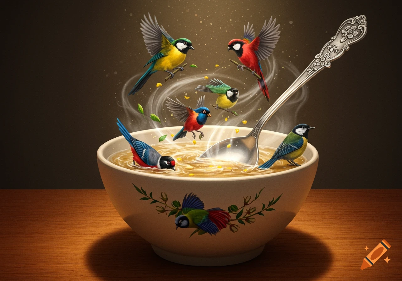 Colorful birds flying and bathing in a bowl of soup with a large spoon, in a whimsical, illustrative style.