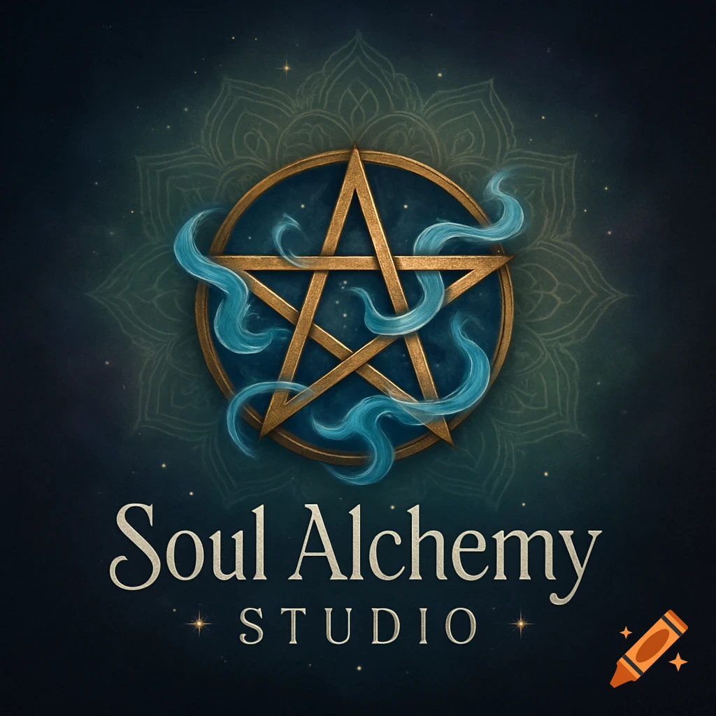 A golden pentagram symbol inside a circular frame with blue wisps, above the text 'Soul Alchemy STUDIO' on a dark, mystical background.