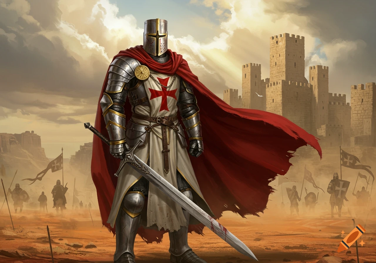 A powerful Templar knight in shining armor with a red cape and sword stands in a desert battlefield with castles in the background.