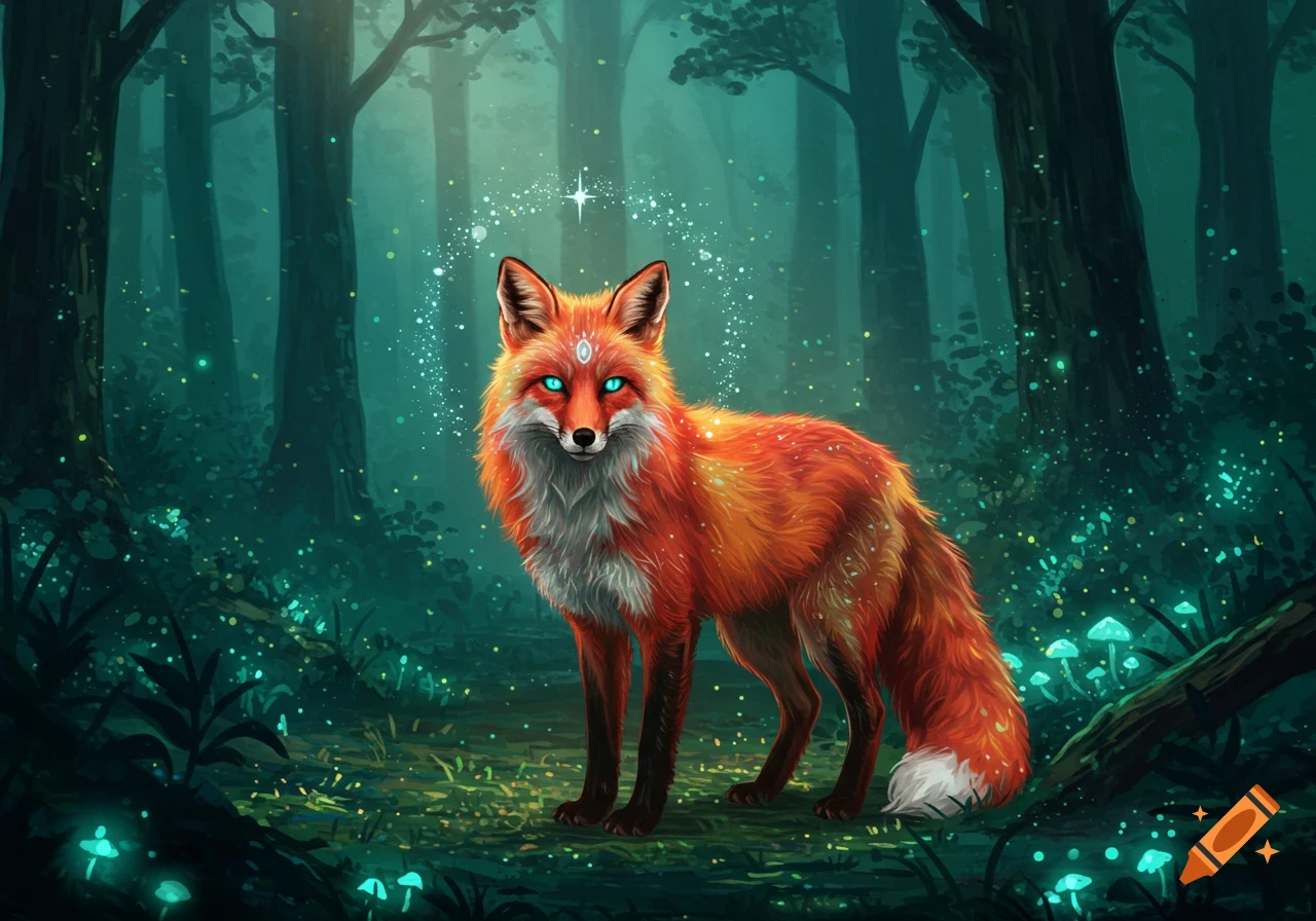 A vibrant red fox with glowing blue eyes and a third eye gem stands in a mystical, glowing teal forest at night.