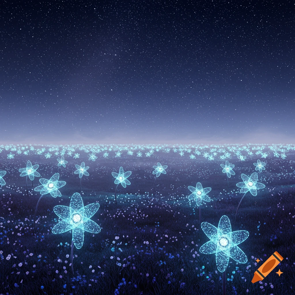 A field of glowing, blue abstract flowers under a dark, star-filled night sky.