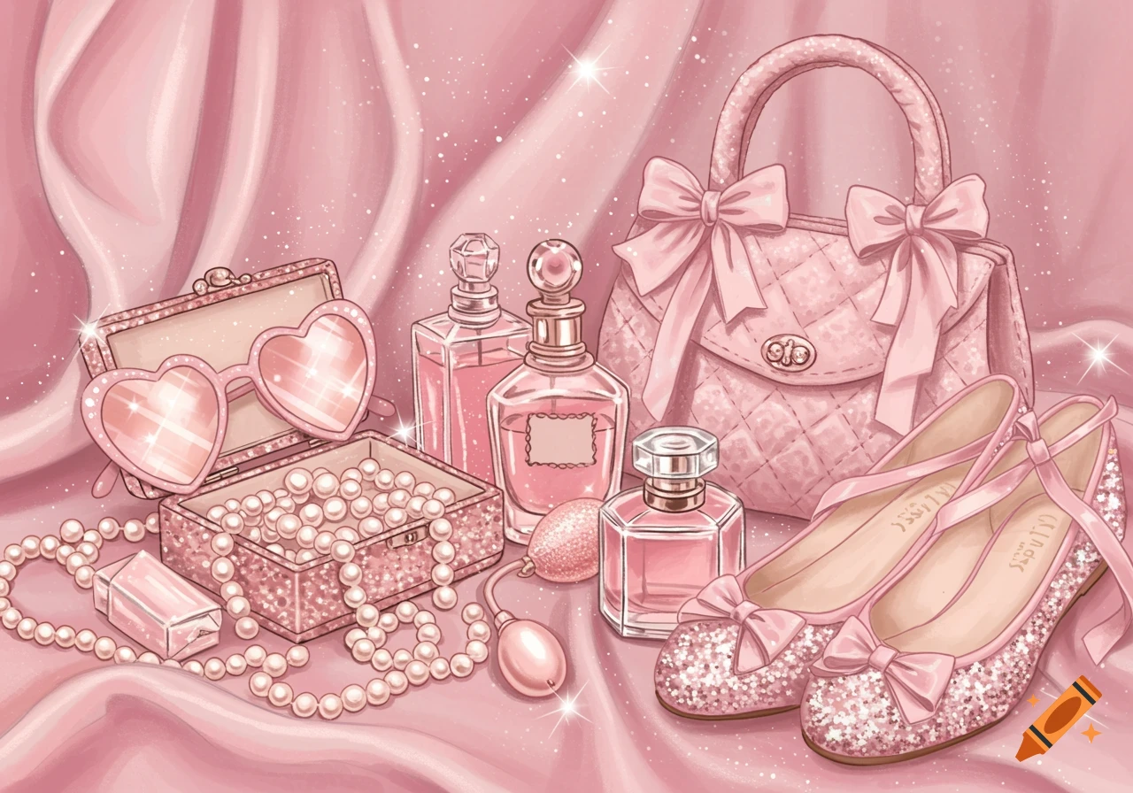 A collection of pink fashion accessories including a quilted handbag, glittery high heels, perfume bottles, heart-shaped sunglasses, and pearl necklaces on pink satin fabric with sparkles.