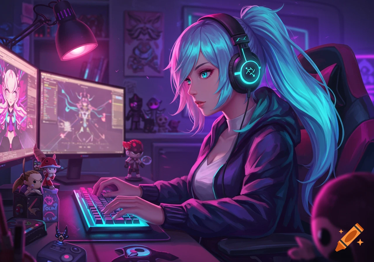 An anime gamer girl with light blue hair and headphones sits at a desk, illuminated by neon lights, typing on a glowing keyboard while looking at dual monitors showing game designs.