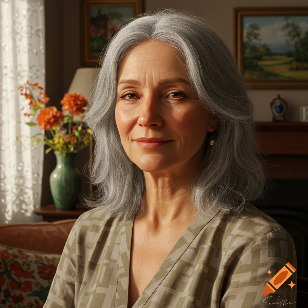 Photorealistic portrait of a smiling woman with gray hair looking at the viewer, indoors with a sunlit window.