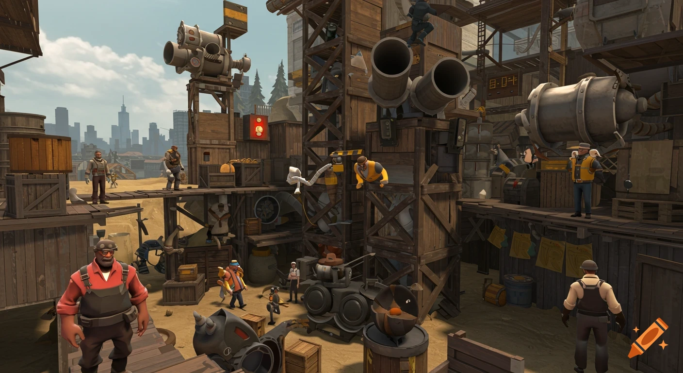 A stylized 3D video game scene resembling Team Fortress 2, showing cartoonish characters on a multi-level wooden structure with pipes and machinery, set in a desert-like environment with a distant city skyline.