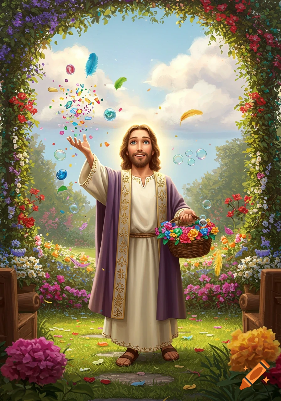 Cartoonish Jesus in a sunny, flower-filled garden, throwing colorful confetti and bubbles from his hand, holding a basket of flowers.