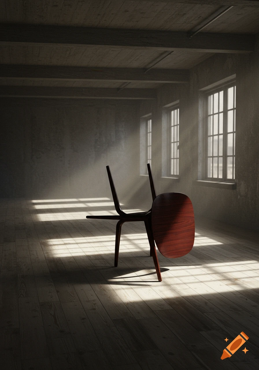 A photorealistic image of a wooden chair lying on its side in a dusty, dimly lit room with sunlight shafts.