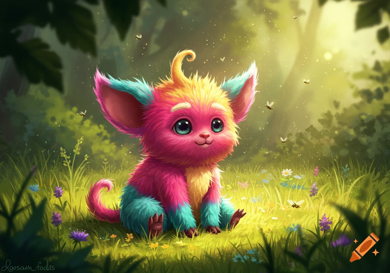 A cute, multi-colored fuzzy creature with big blue eyes sits in a sunny, grassy forest with wildflowers and glowing insects.