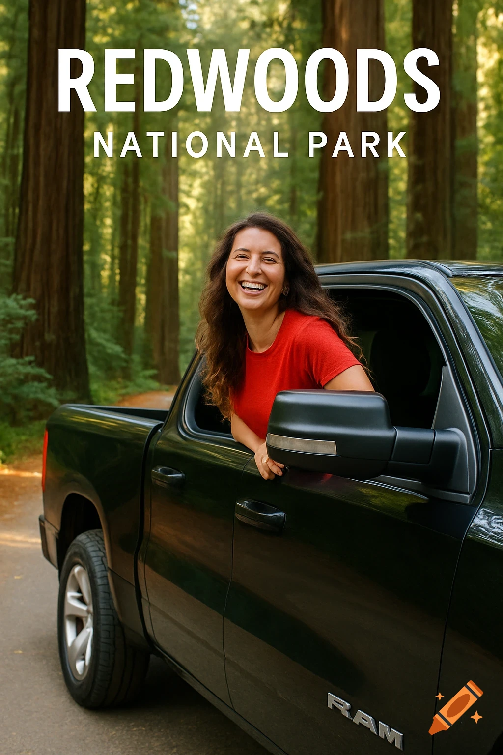 A smiling woman with long wavy hair leans out the window of a black Ram 1500 truck in Redwoods National Park.