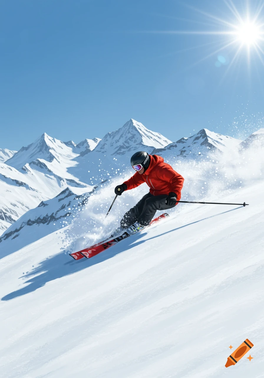 A skier in a red jacket glides down a snowy mountain, kicking up snow under a bright sun.