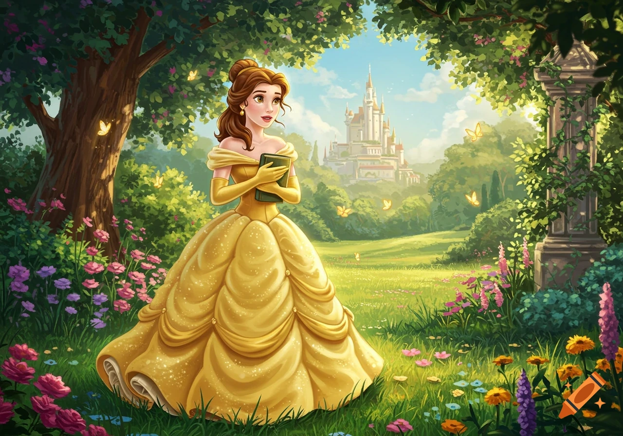 A stylized illustration of Princess Belle in her yellow ball gown, holding a book, standing in a vibrant green garden with a castle in the background.