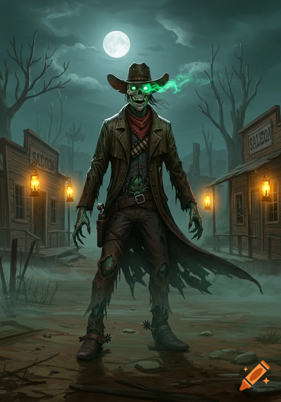 A skeletal zombie outlaw with glowing green eyes and torn clothes stands in a misty old Western town under a full moon.