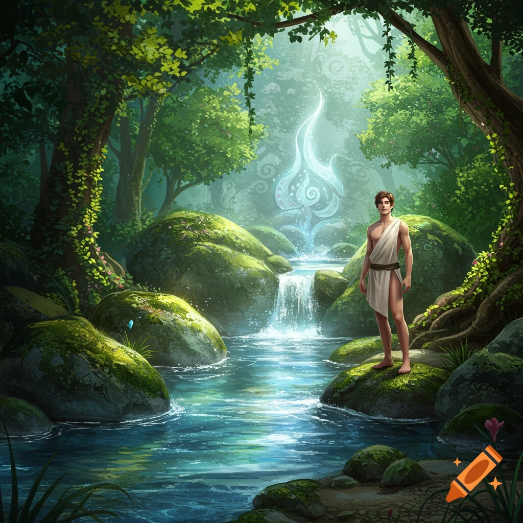 A male figure in a white toga stands on a mossy rock in a lush, vibrant green fantasy forest with a glowing mystical symbol and waterfall.