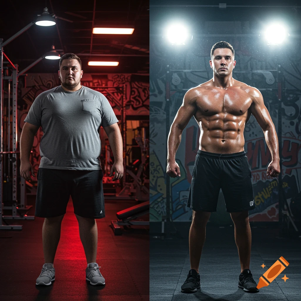 Photorealistic split image of a man before (overweight) and after (muscular) a workout transformation in a gym.