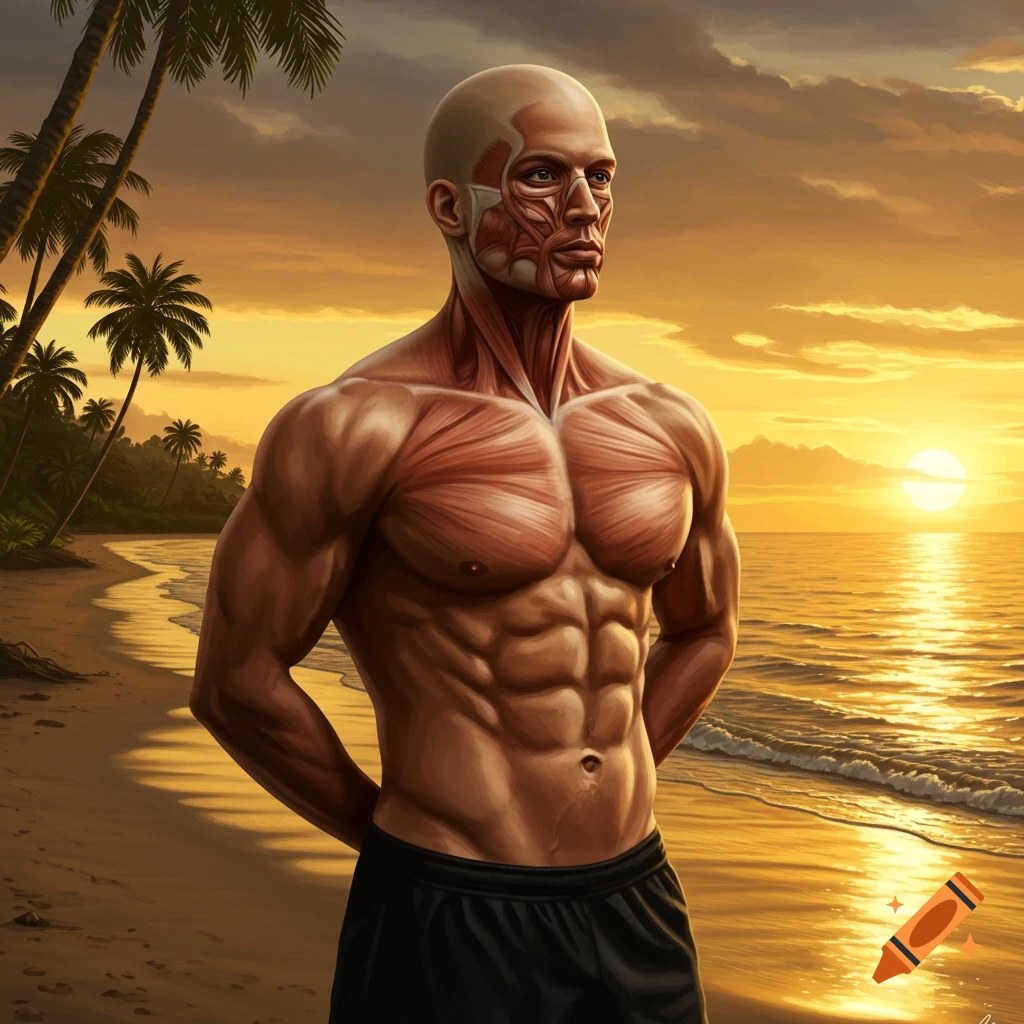 An anatomical man with exposed muscles and a textured scalp stands on a beach at sunset with palm trees.