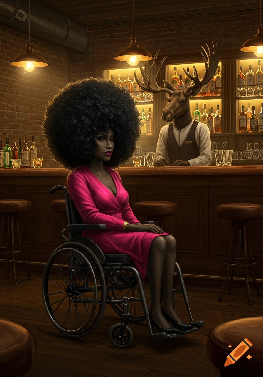 A woman with a large afro sits in a wheelchair at a dimly lit bar, looking towards a moose-headed bartender behind the counter.
