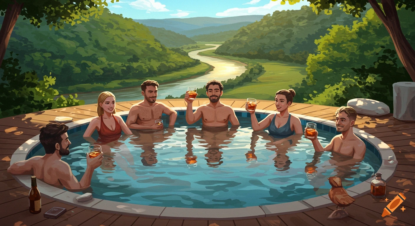 Six people in an outdoor hot tub on a wooden deck, drinking, with a scenic view of a winding river and green hills under a bright sky, in an illustrated style.