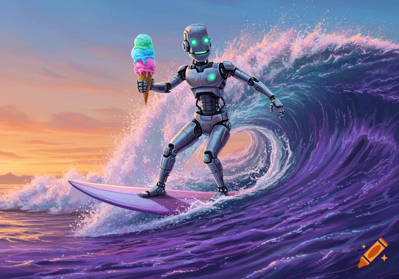 A silver robot with glowing green eyes surfs on a vibrant purple wave at sunset, holding a multi-scoop ice cream cone.