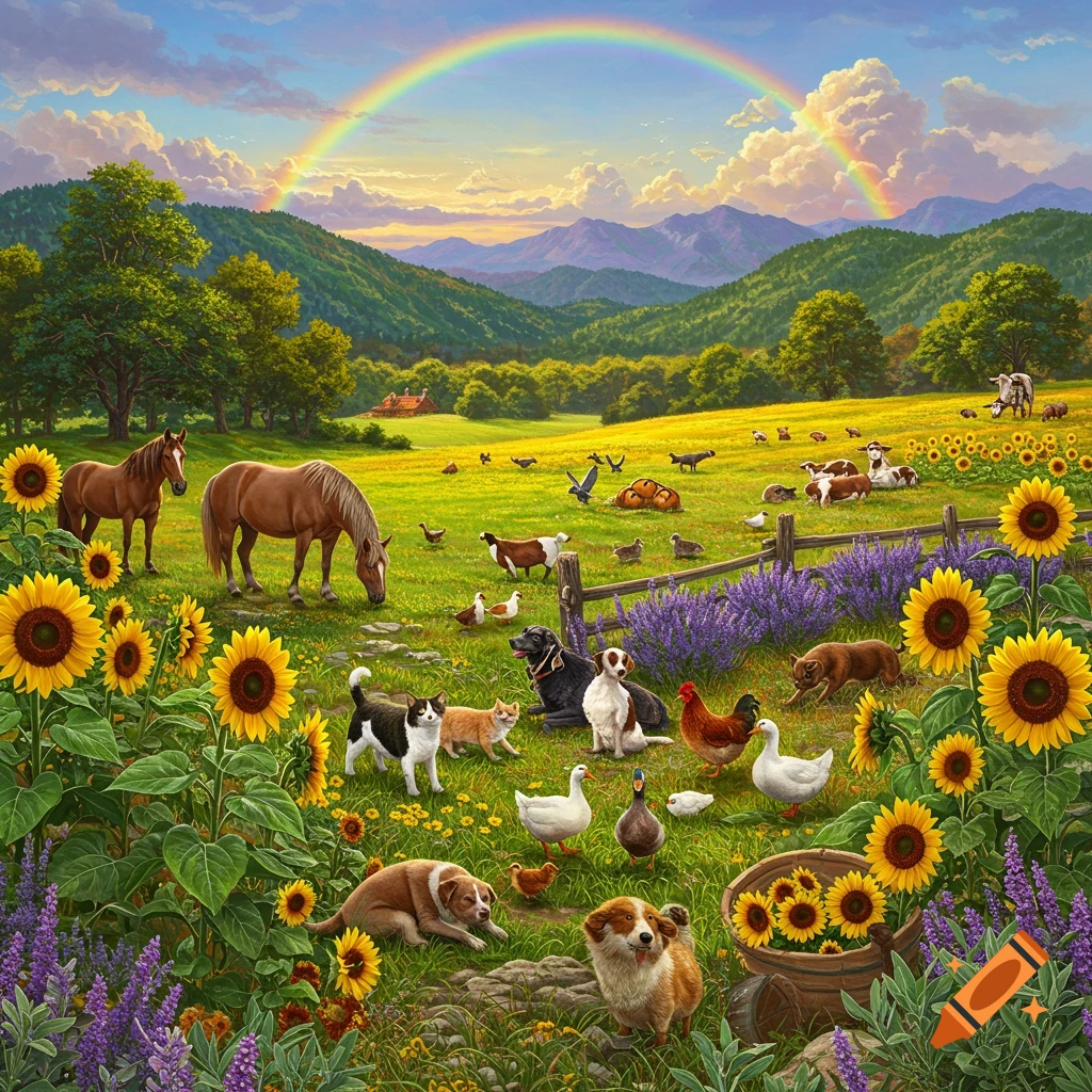 A vibrant farm scene with horses, dogs, cats, ducks, and chickens grazing in a lush field of sunflowers and purple sage under a rainbow in a mountainous landscape.