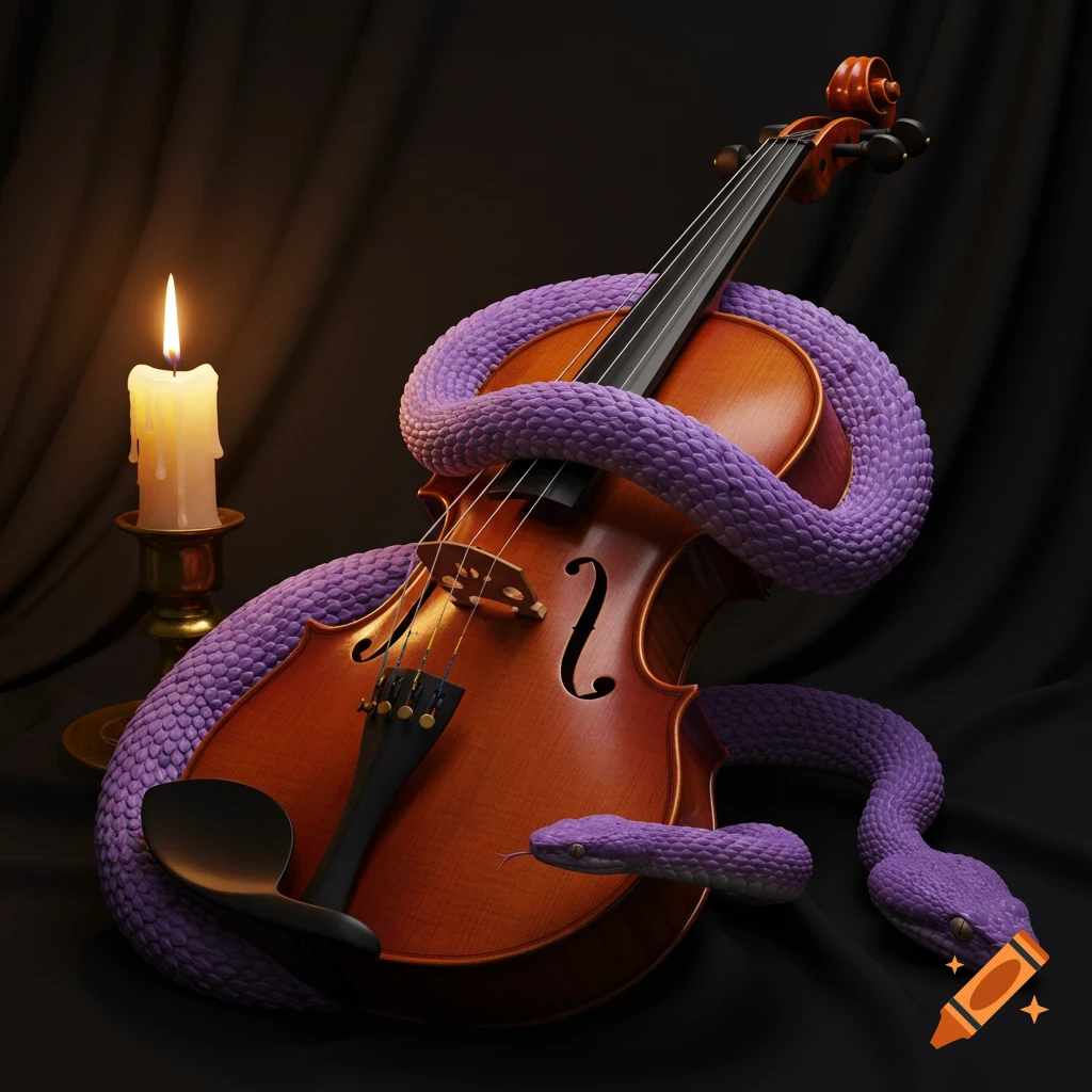 A vibrant purple snake is coiled around a wooden violin, illuminated by the glow of a nearby candle in a dark setting.