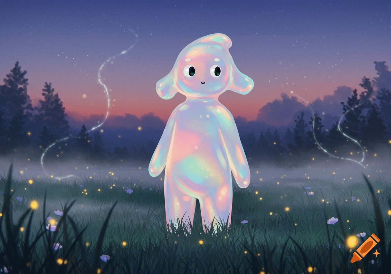 An iridescent, blob-like creature stands in a misty field at dusk with glowing fireflies and trees.