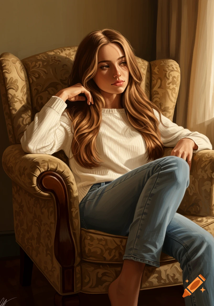 Digital painting of a young woman with long brown hair sitting thoughtfully in a patterned armchair, lit by golden sunlight.
