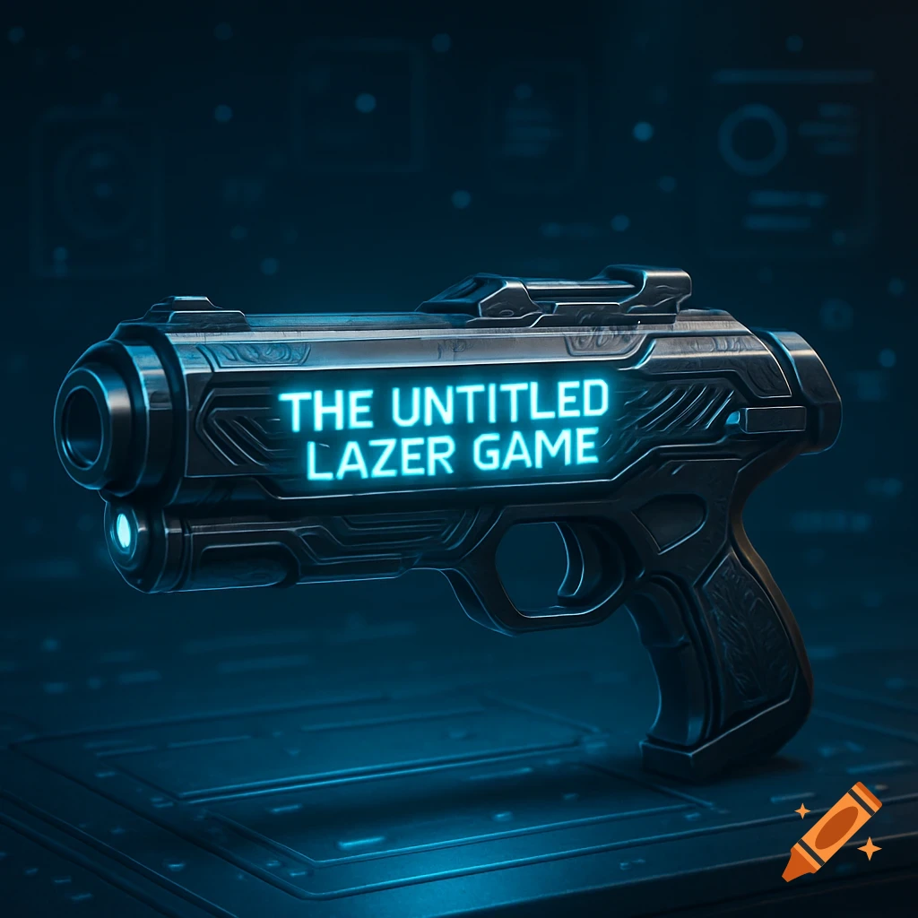 A close-up of a futuristic black laser gun with glowing blue text 'THE UNTITLED LAZER GAME' on its side, against a dark blue background.