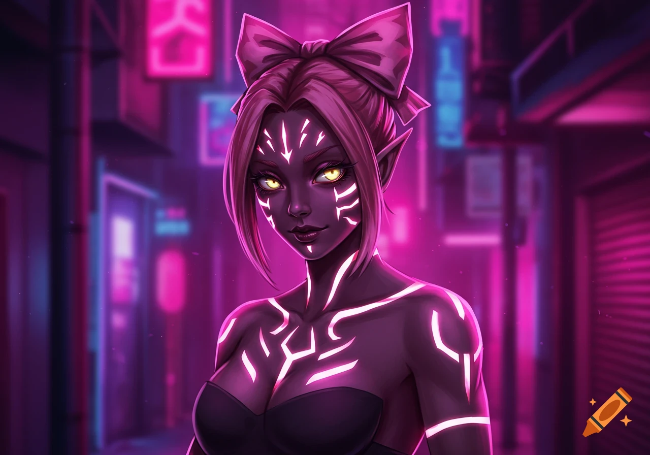 A stylized digital art portrait of a dark-skinned, purple-haired fantasy character with glowing yellow eyes and bright pink neon markings on her skin, set against a neon-lit cyberpunk city background.