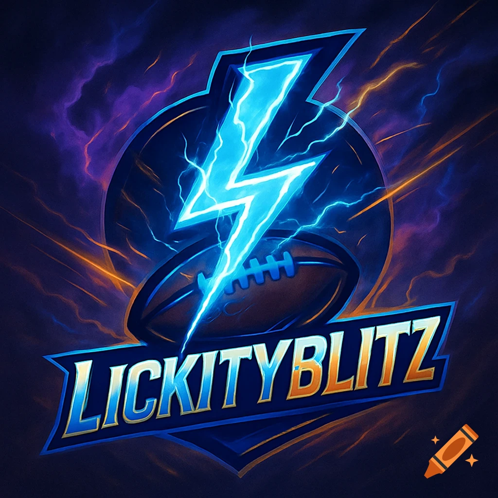 A vibrant fantasy football logo featuring a bright blue lightning bolt striking a football, with 'LICKITYBLITZ' text below, on a dark, stormy background.