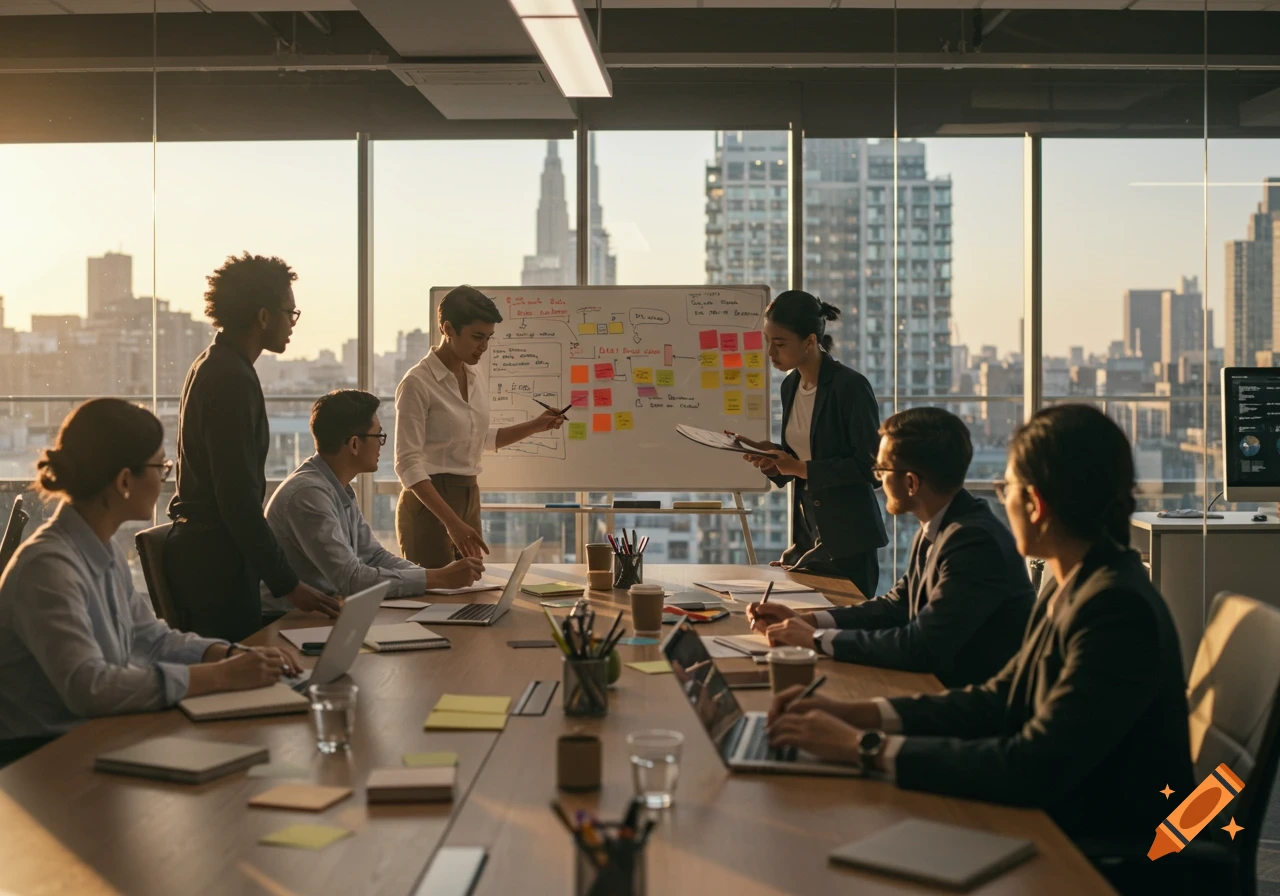A group of professionals in a modern office meeting room with a city view, collaborating around a large table with laptops and a whiteboard covered in notes.