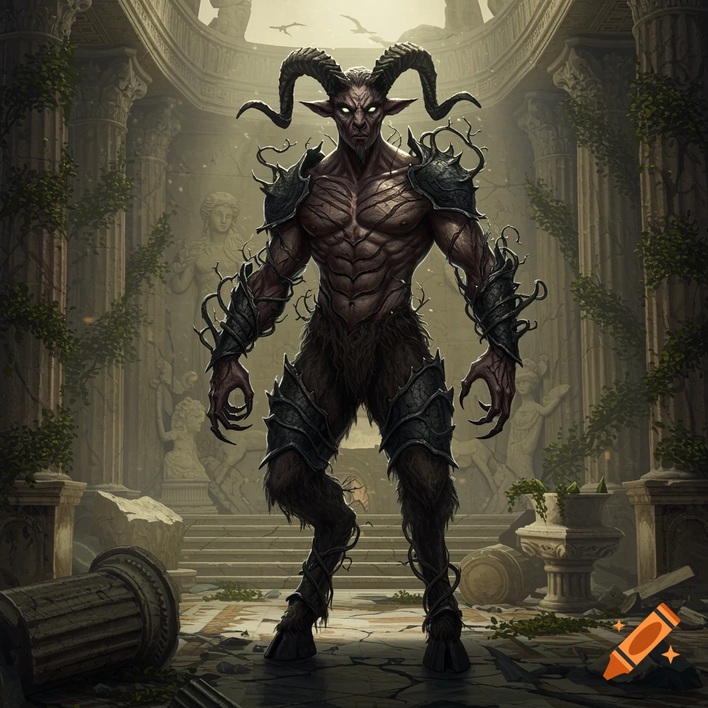 A hyperrealistic dark fantasy image of a corrupted satyr with glowing eyes and horns standing imposingly in ancient temple ruins.