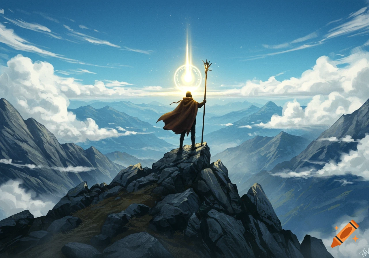 A lone figure in a cloak stands on a mountain peak, holding a staff that emits a bright light into the sky, surrounded by a vast mountain range.
